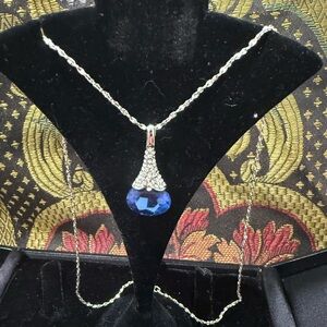 Elegant Silver Tone and Blue CZ Pendant Necklace